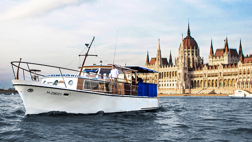 Thetis boat in fromnt of Parlament in Budapest